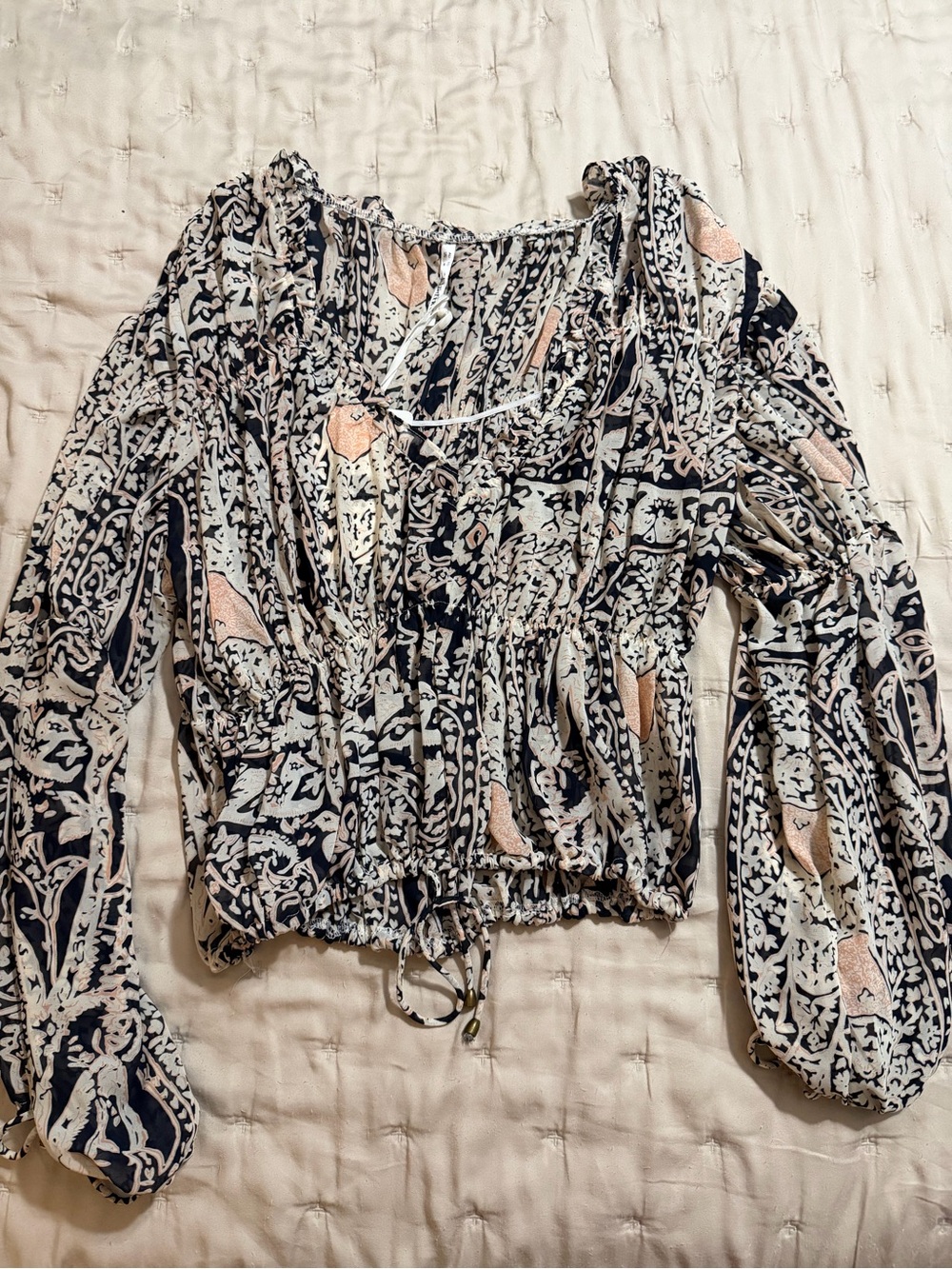 Printed Smocked Waist Long-Sleeve Peasant Top - Navy & Cream